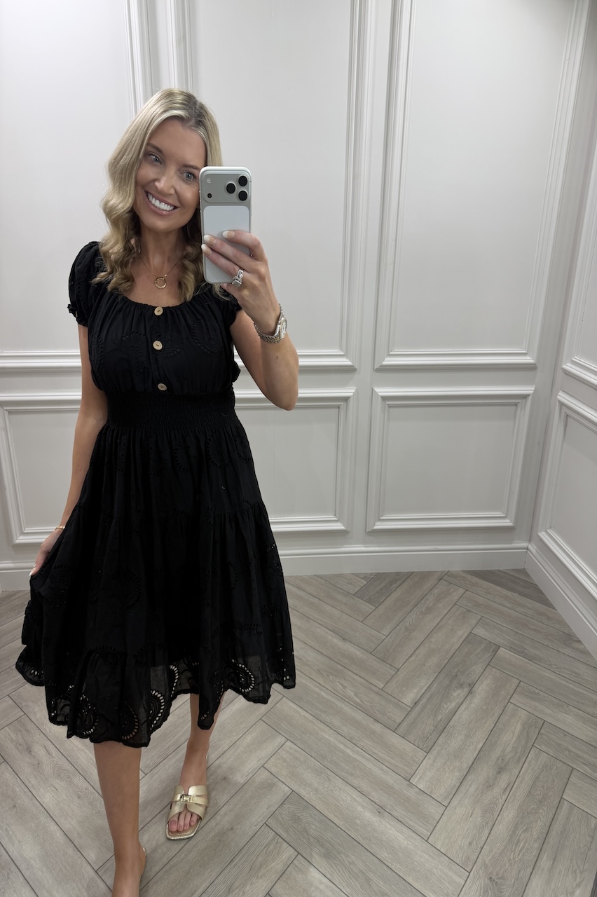 Black  Muse Broderie Shirred Midi Dress