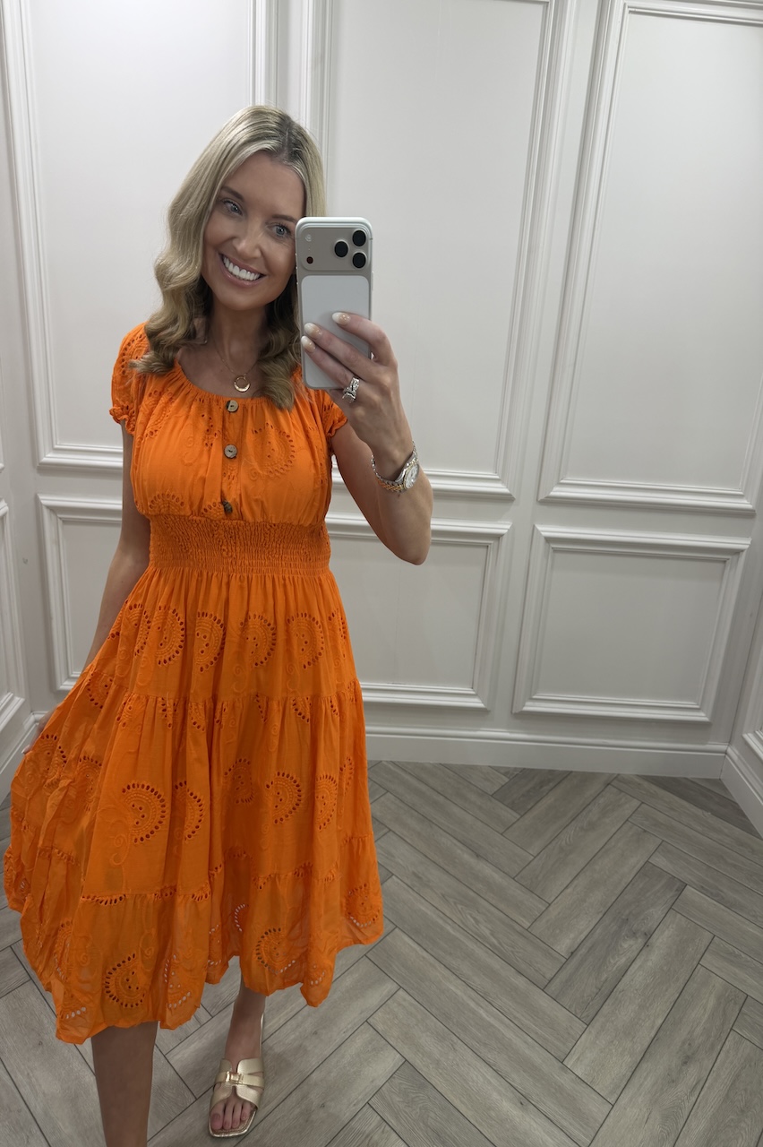 Orange Muse Broderie Shirred Midi Dress