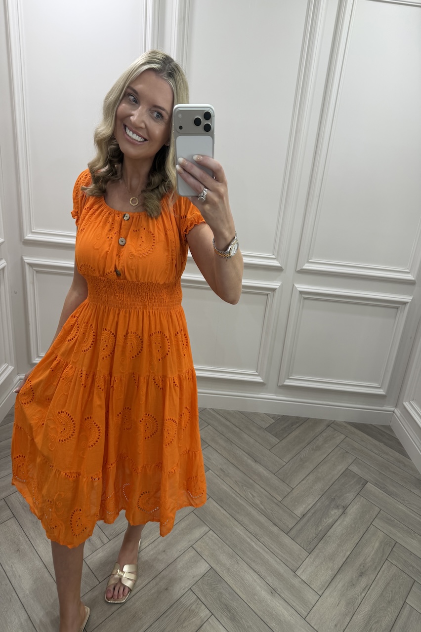 Orange Muse Broderie Shirred Midi Dress