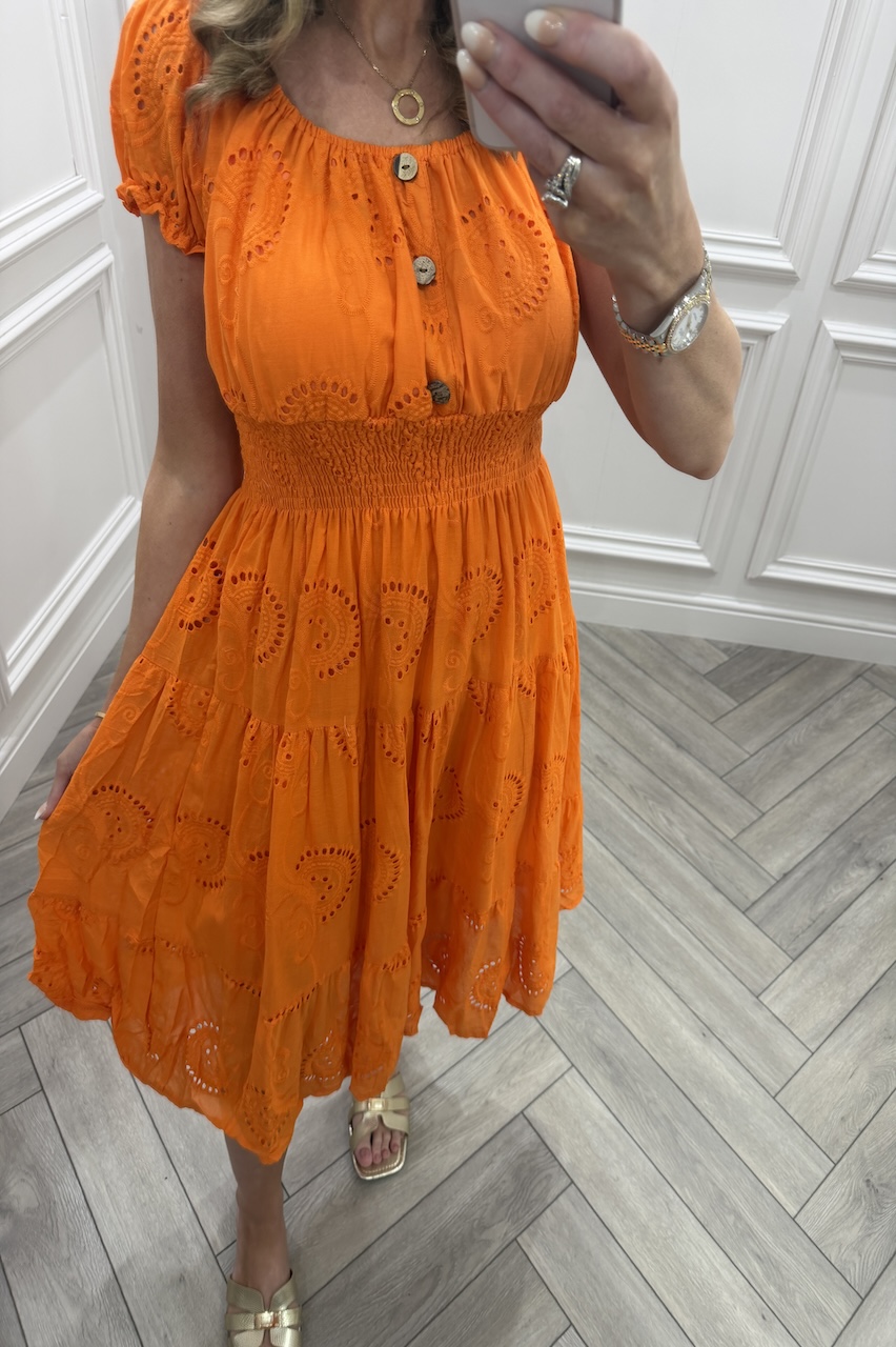 Orange Muse Broderie Shirred Midi Dress