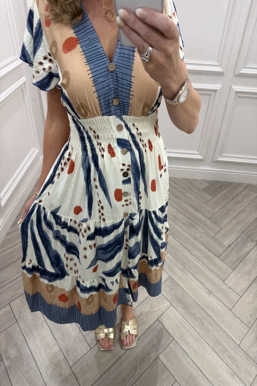 Navy Freya Shirred Midi Dress