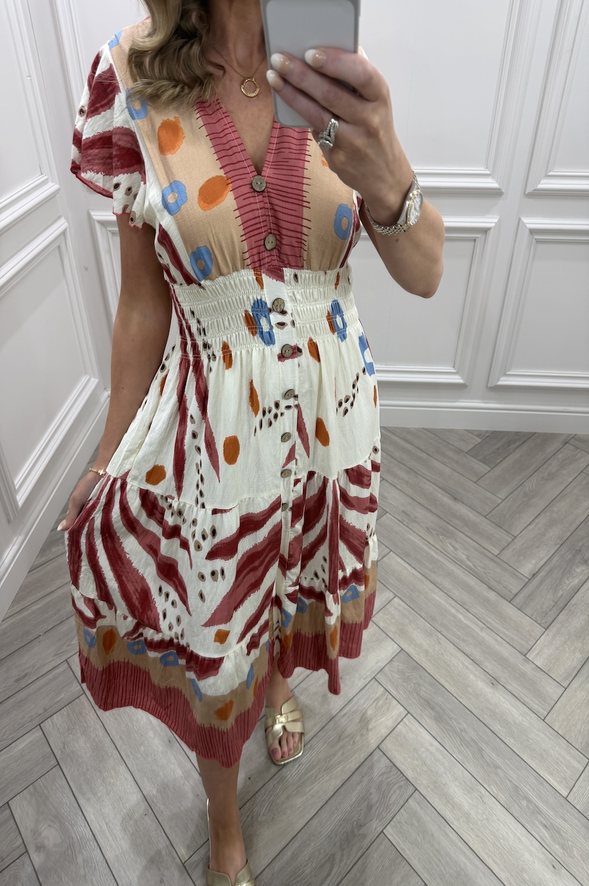 Red Freya Shirred Midi Dress