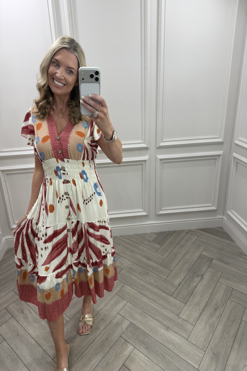 Red Freya Shirred Midi Dress