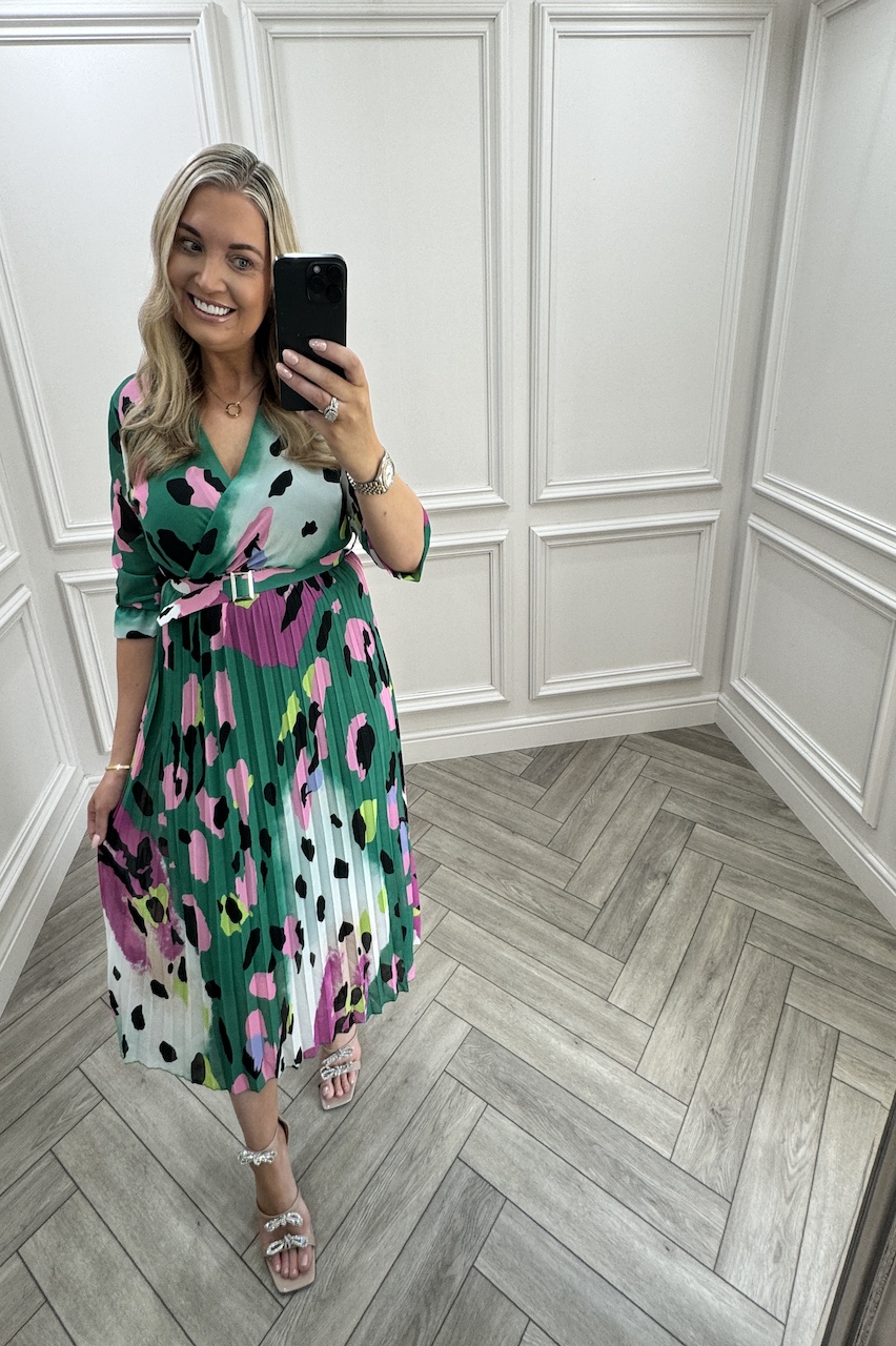 Lux Green Fawn Leopard Pleated Midi Dress.