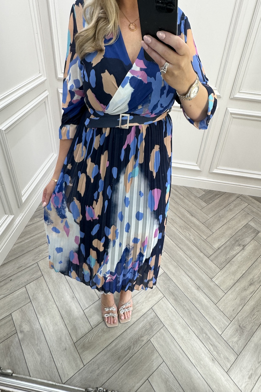 Navy Fawn Leopard Pleated Midi Dress.