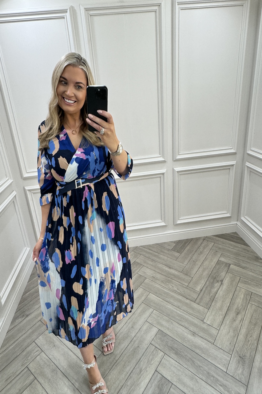 Navy Fawn Leopard Pleated Midi Dress.