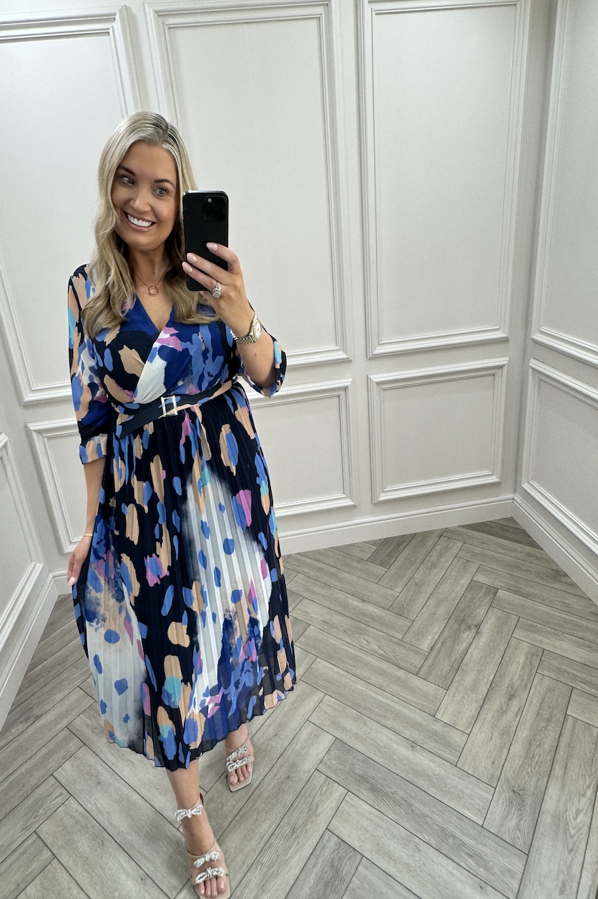 Navy Fawn Leopard Pleated Midi Dress.