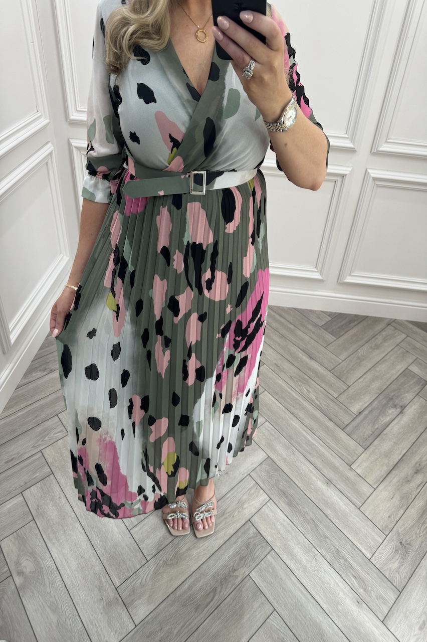Khaki Fawn Leopard Pleated Midi Dress.