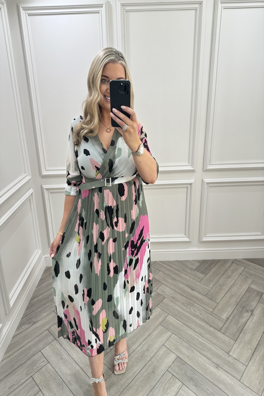 Khaki Fawn Leopard Pleated Midi Dress.