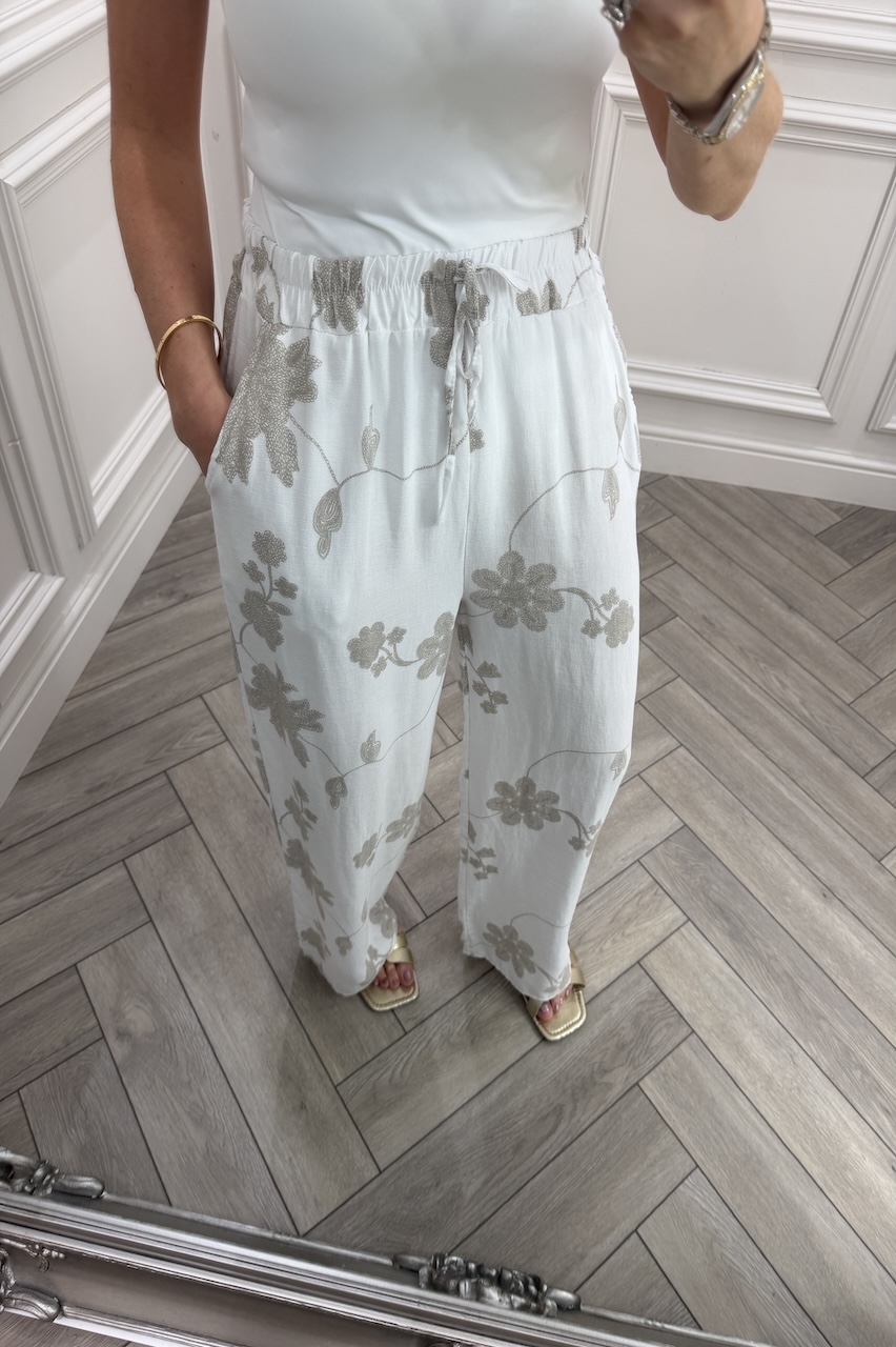 White Floral Vine Wide-Leg Trousers