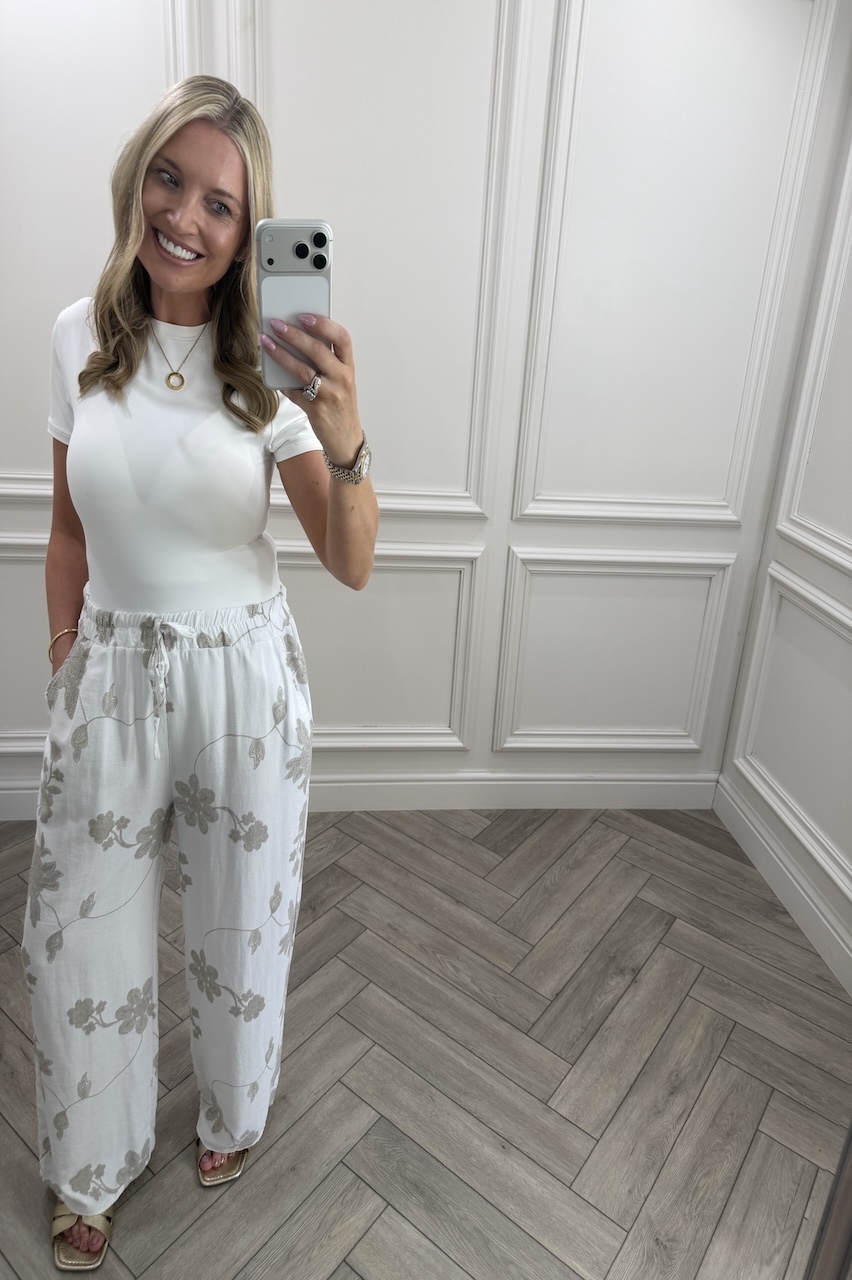 White Floral Vine Wide-Leg Trousers