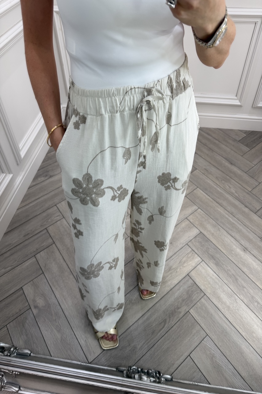Beige Floral Vine Wide-Leg Trousers