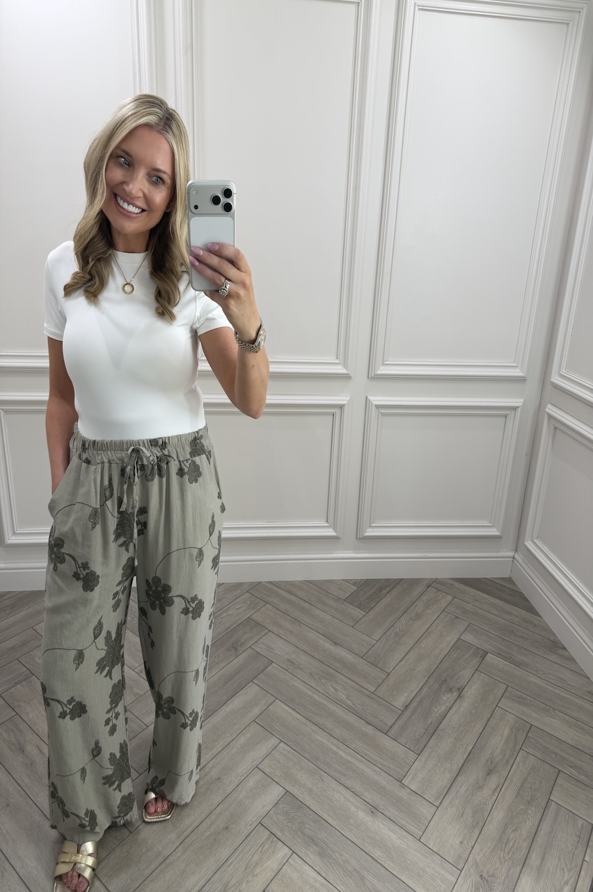 Taupe Floral Vine Wide-Leg Trousers