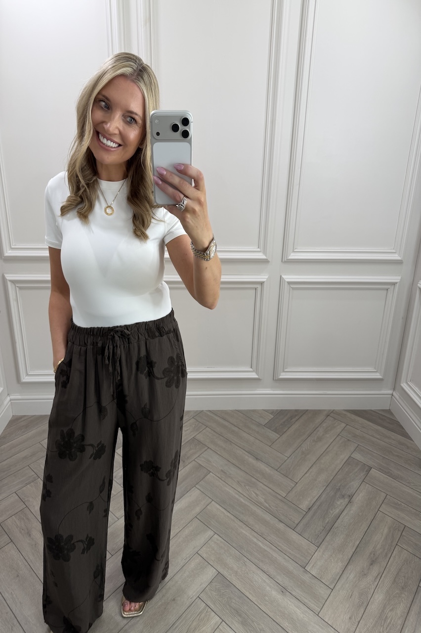 Brown Floral Vine Wide-Leg Trousers