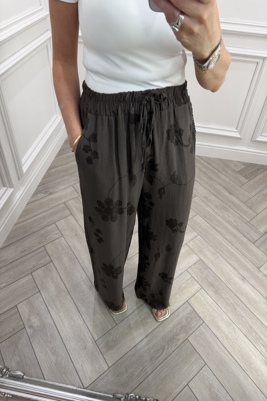 Brown Floral Vine Wide-Leg Trousers