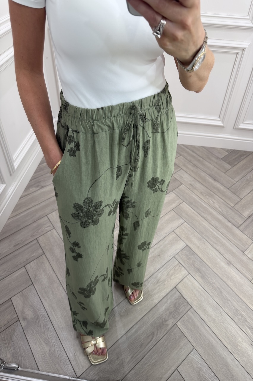 Khaki Floral Vine Wide-Leg Trousers