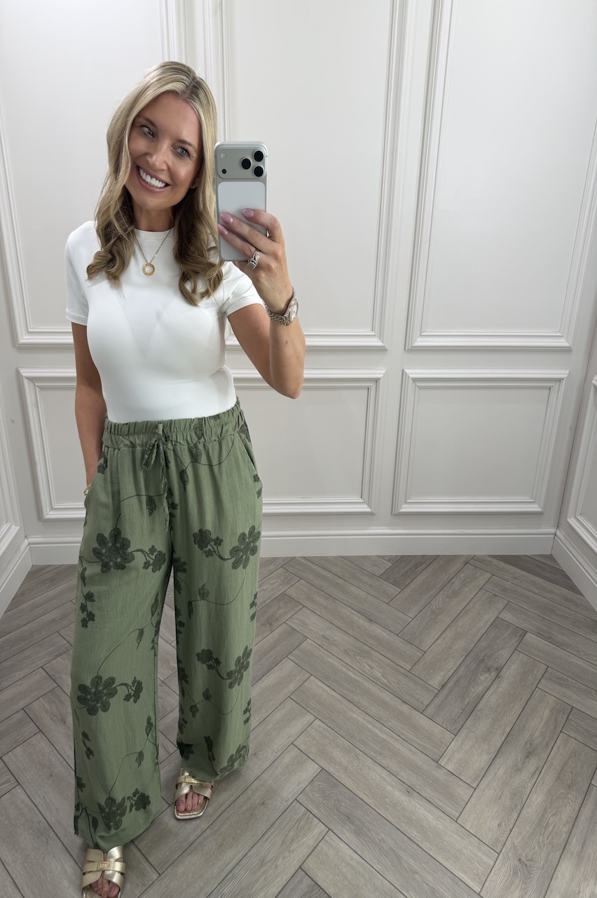 Khaki Floral Vine Wide-Leg Trousers