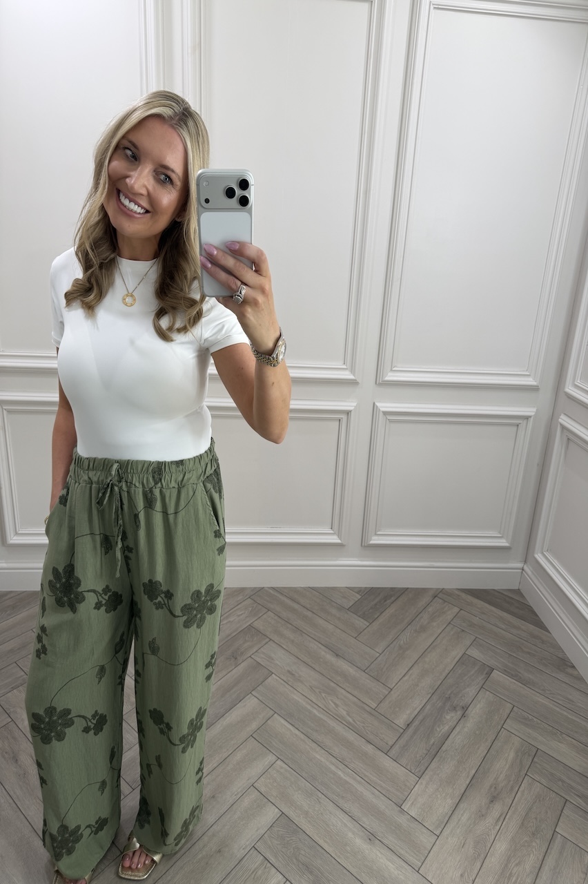 Khaki Floral Vine Wide-Leg Trousers