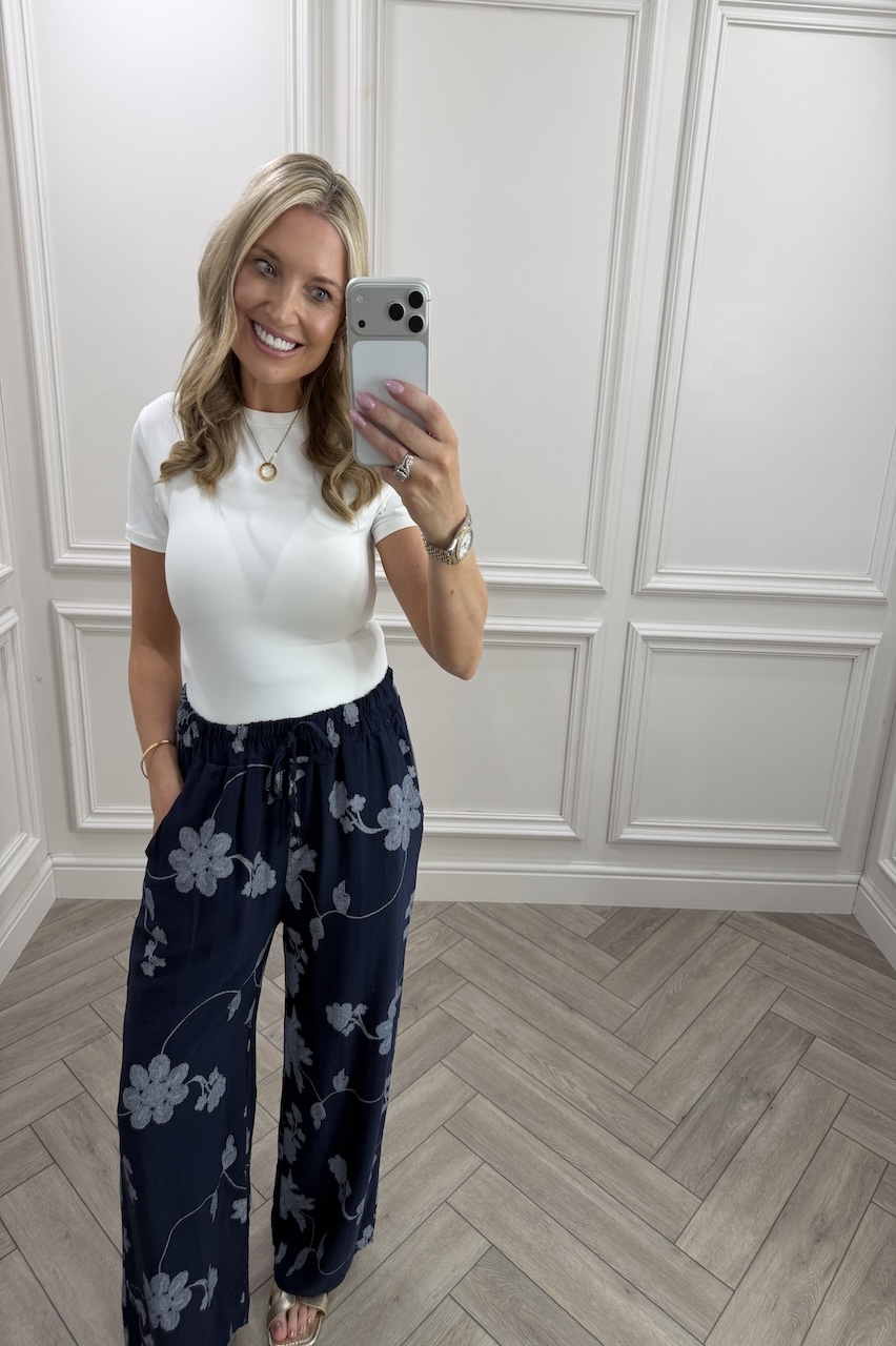 Navy Floral Vine Wide-Leg Trousers