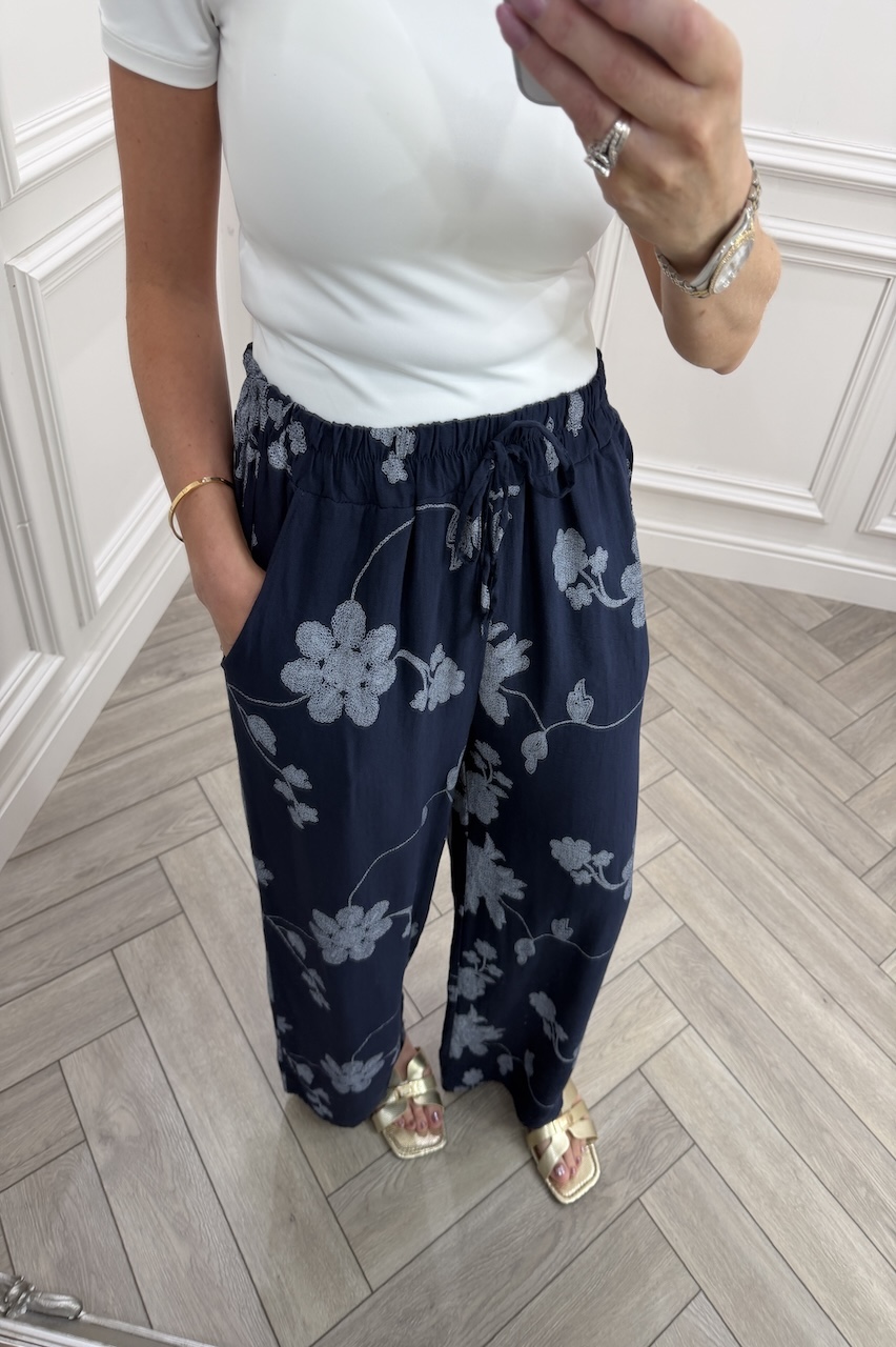 Navy Floral Vine Wide-Leg Trousers