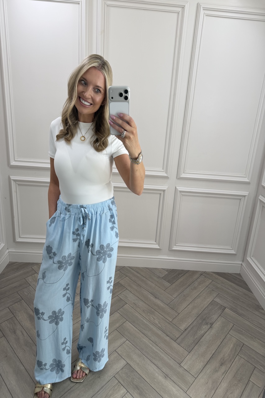 Blue Floral Vine Wide-Leg Trousers