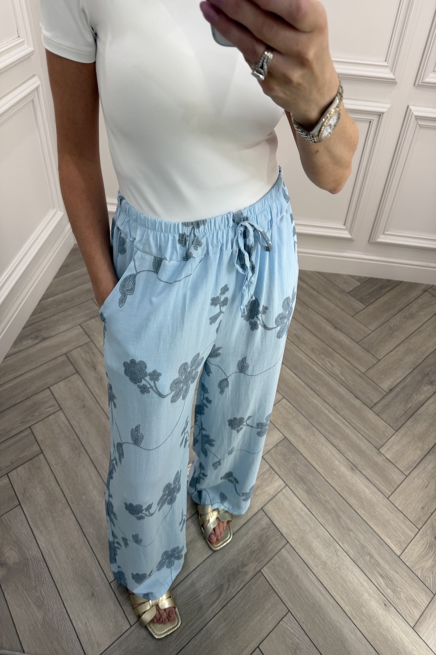 Blue Floral Vine Wide-Leg Trousers