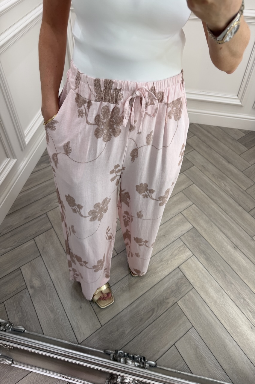 Pink Floral Vine Wide-Leg Trousers