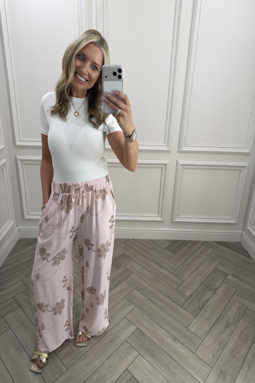Pink Floral Vine Wide-Leg Trousers