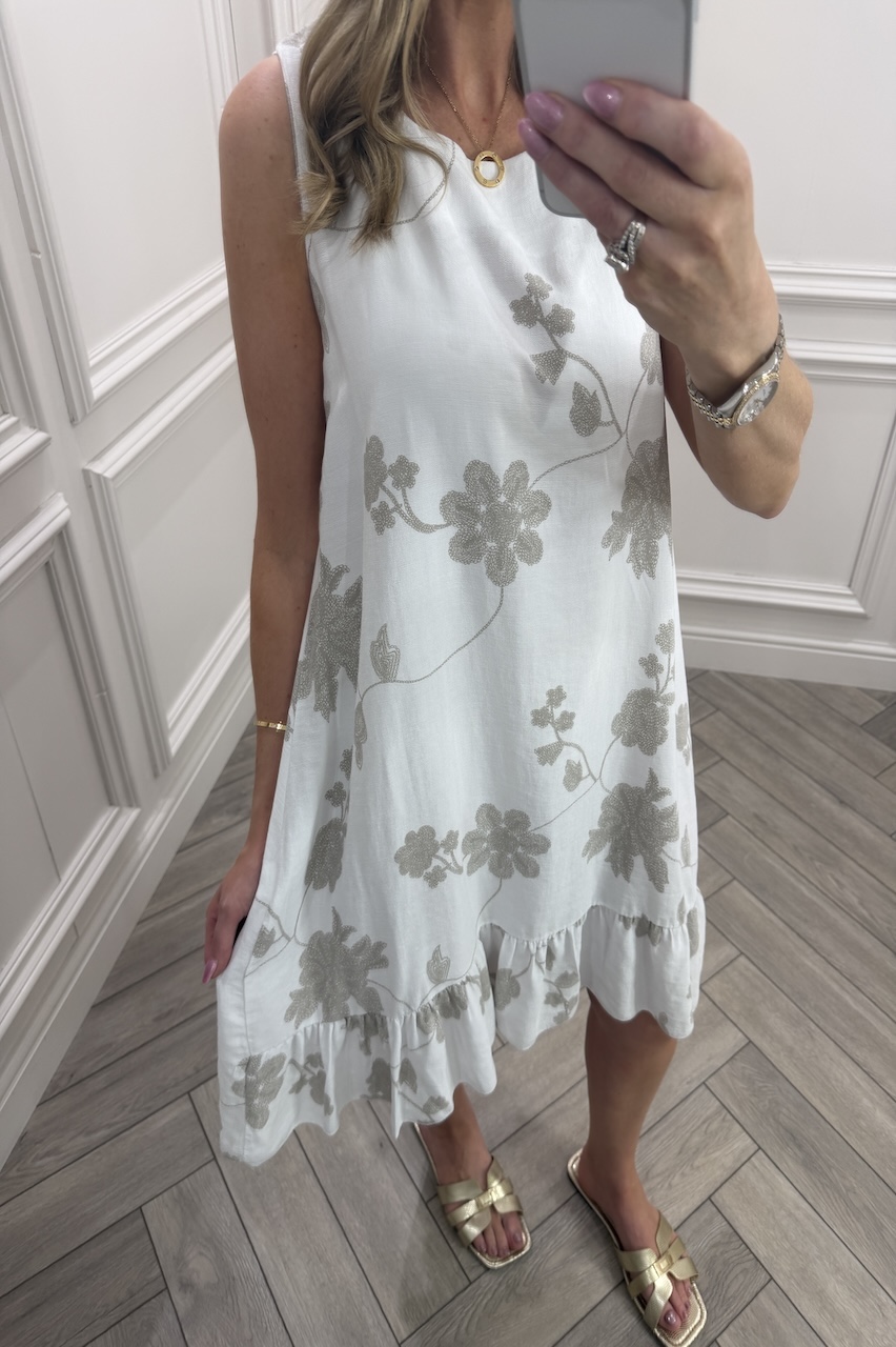 White Floral Vine Frill Hem Dress