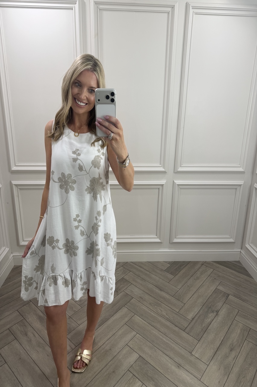 White Floral Vine Frill Hem Dress