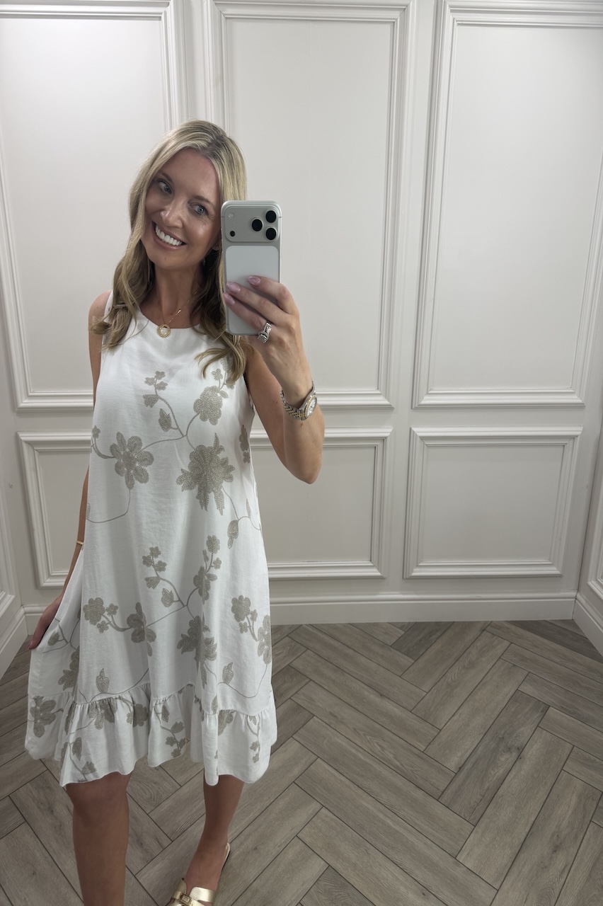 White Floral Vine Frill Hem Dress