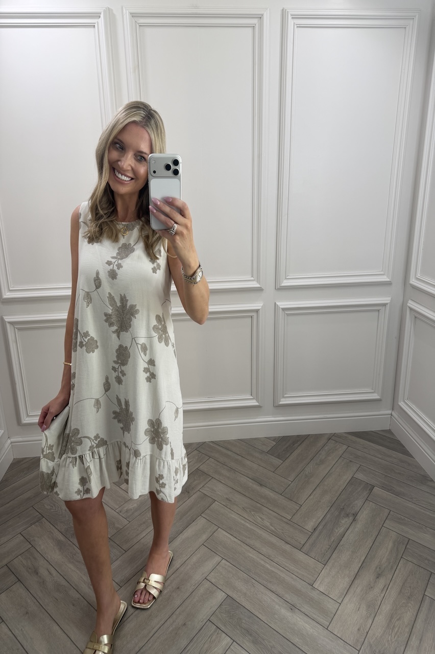 Beige Floral Vine Frill Hem Dress