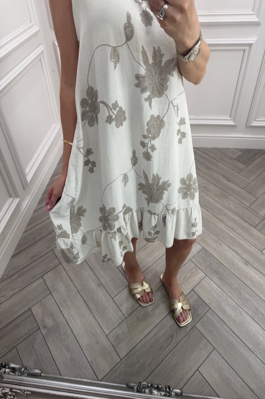 Beige Floral Vine Frill Hem Dress