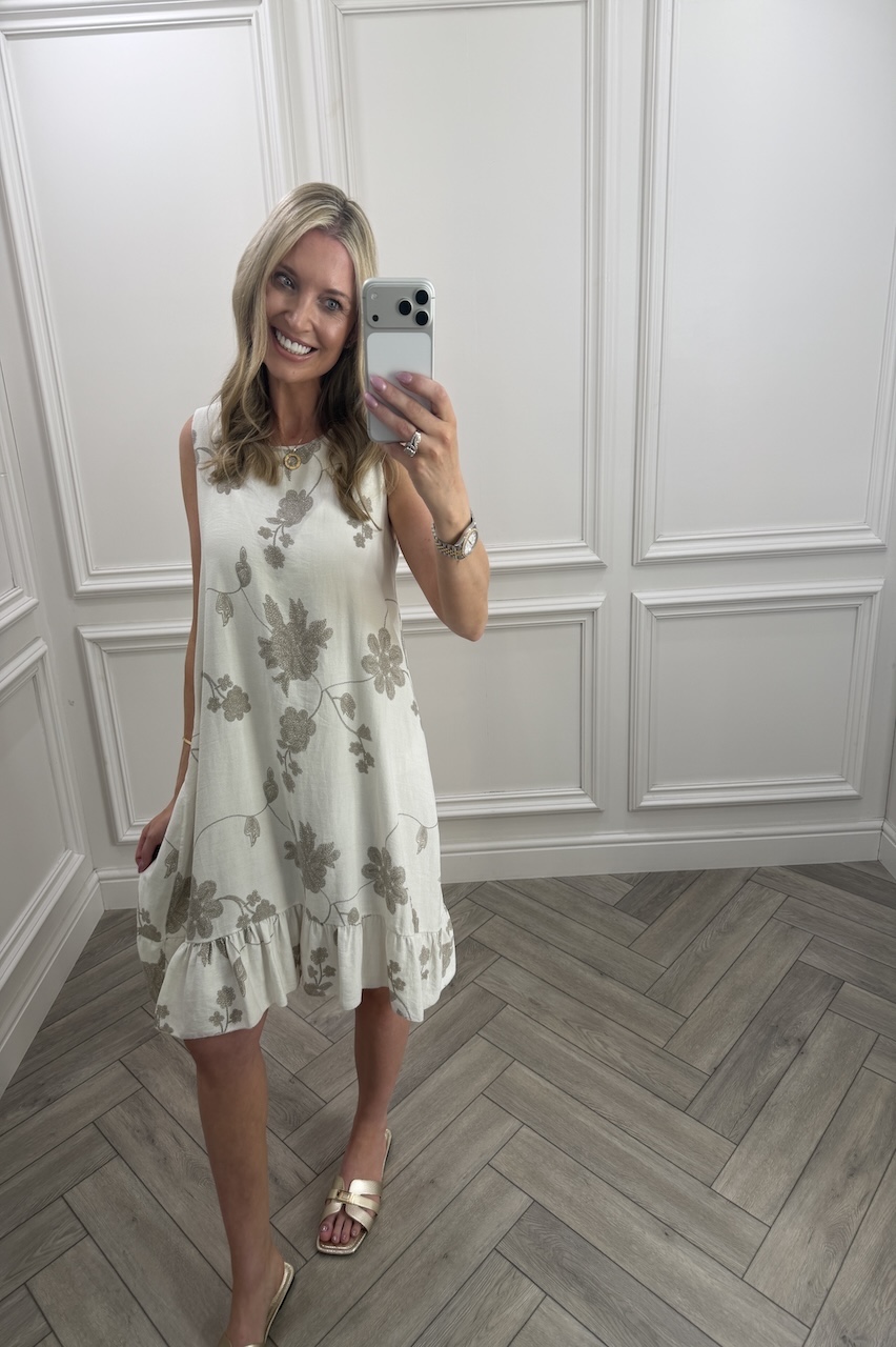 Beige Floral Vine Frill Hem Dress