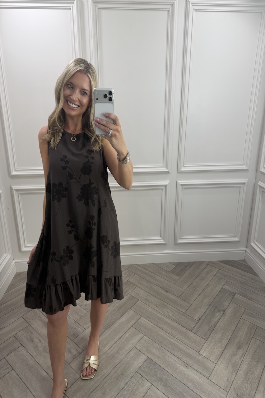 Brown Floral Vine Frill Hem Dress