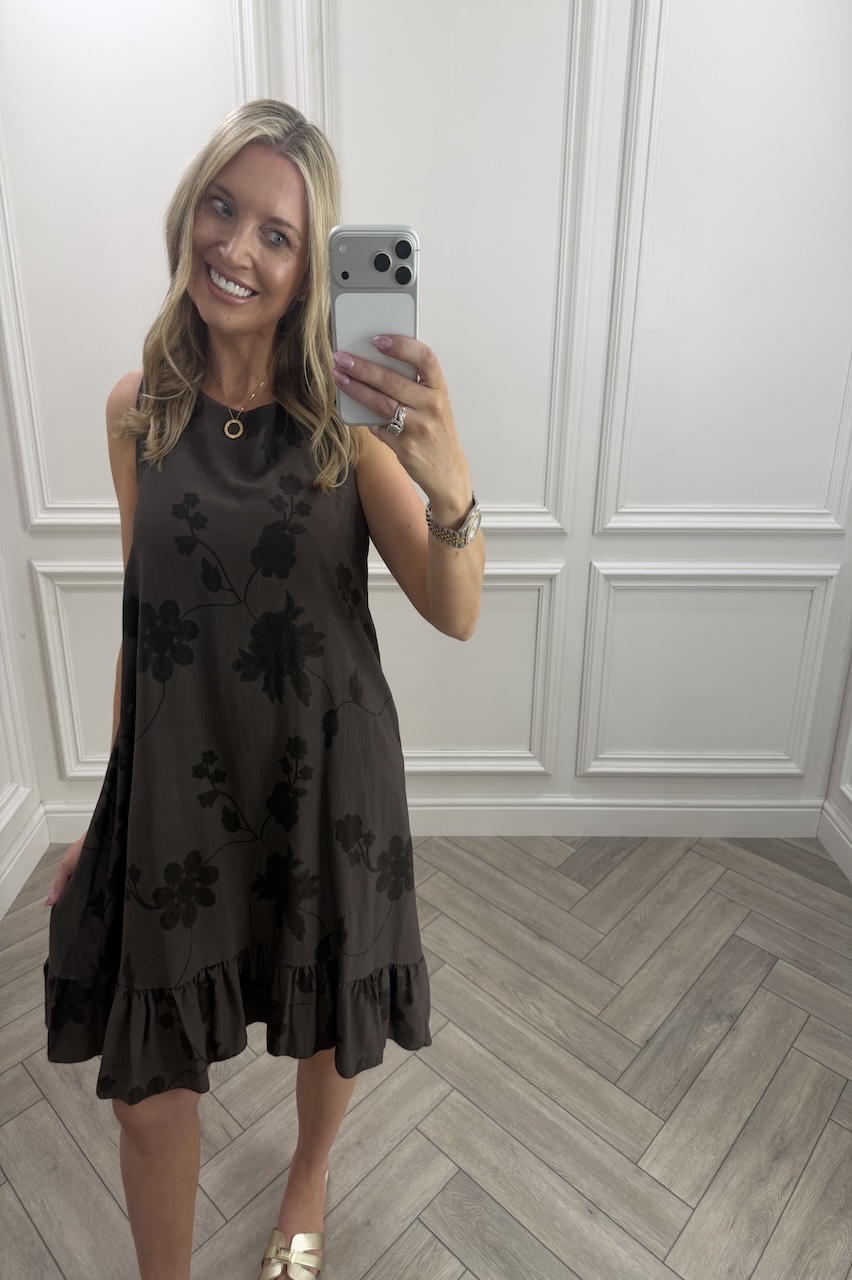 Brown Floral Vine Frill Hem Dress