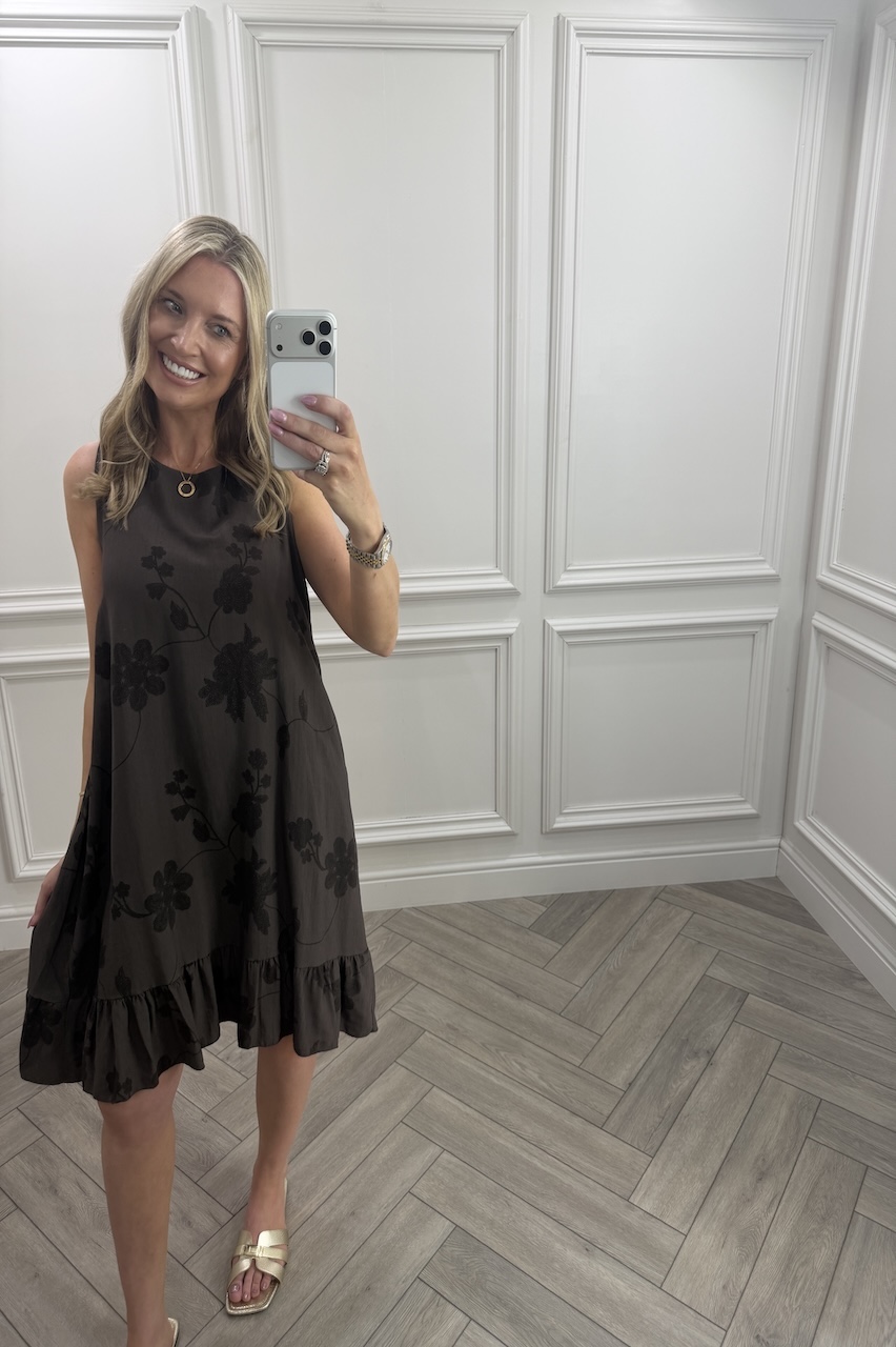 Brown Floral Vine Frill Hem Dress