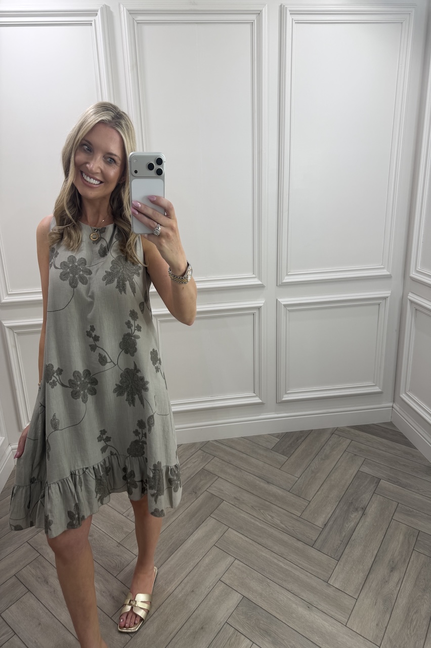 Taupe Floral Vine Frill Hem Dress