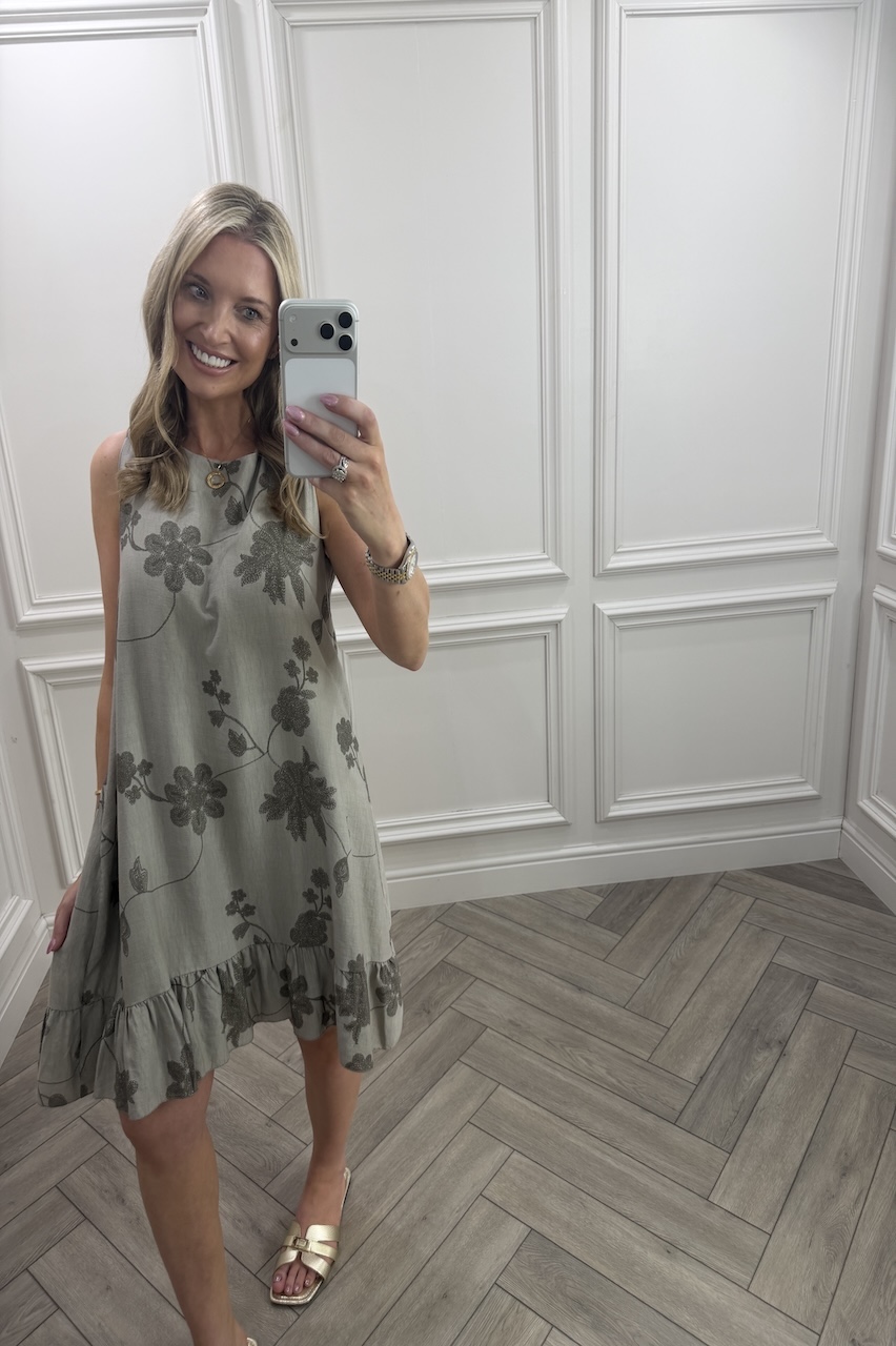 Taupe Floral Vine Frill Hem Dress