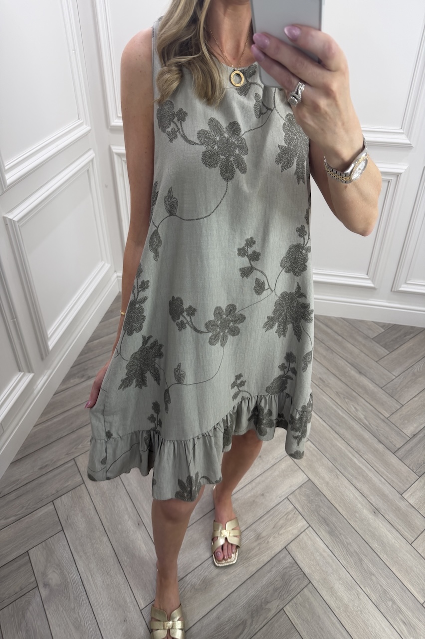 Taupe Floral Vine Frill Hem Dress