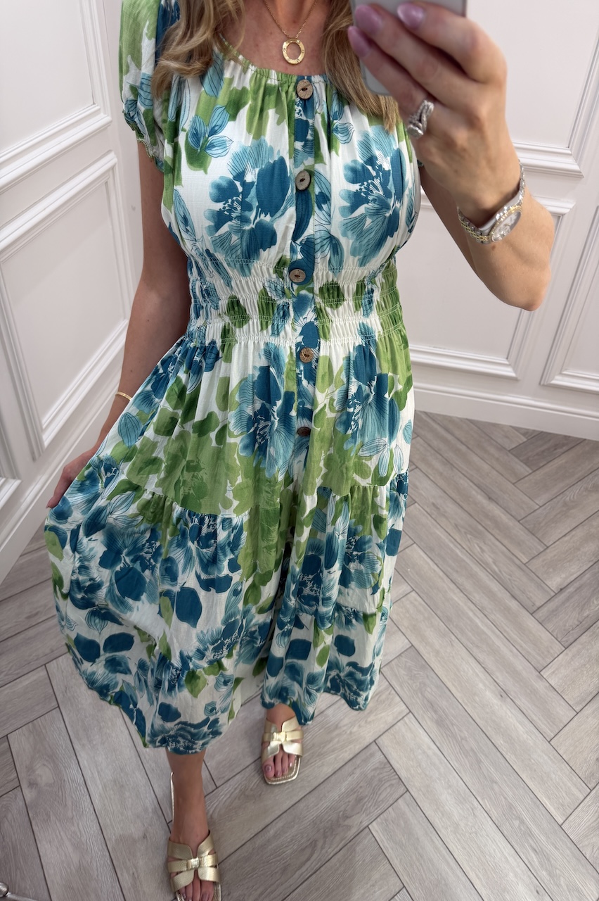 Green Ava Floral Shirred Midi Dress