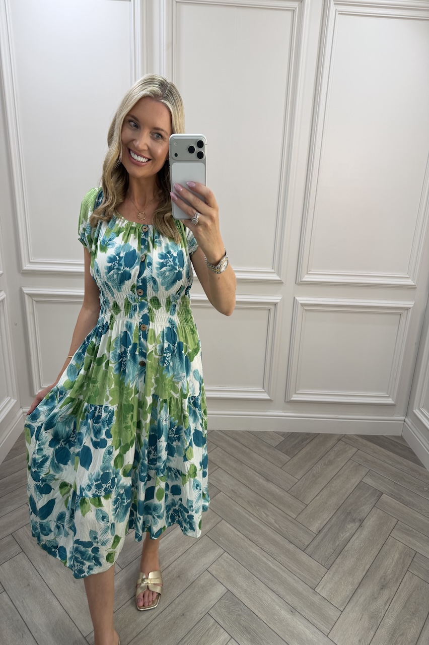 Green Ava Floral Shirred Midi Dress