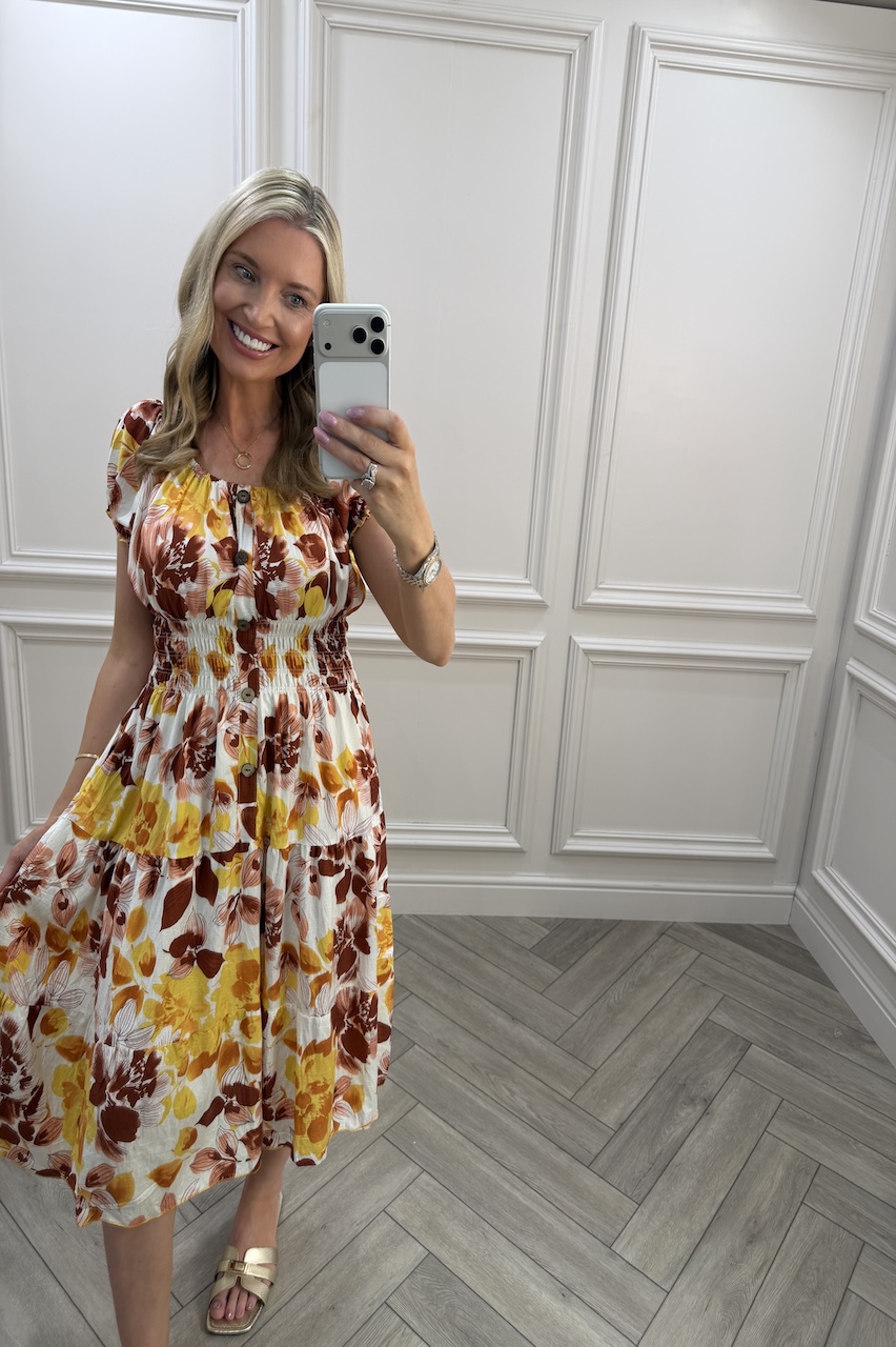 Tan Ava Floral Shirred Midi Dress
