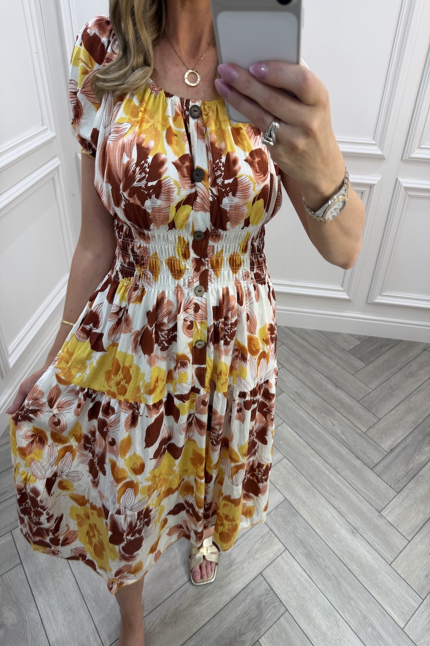 Tan Ava Floral Shirred Midi Dress