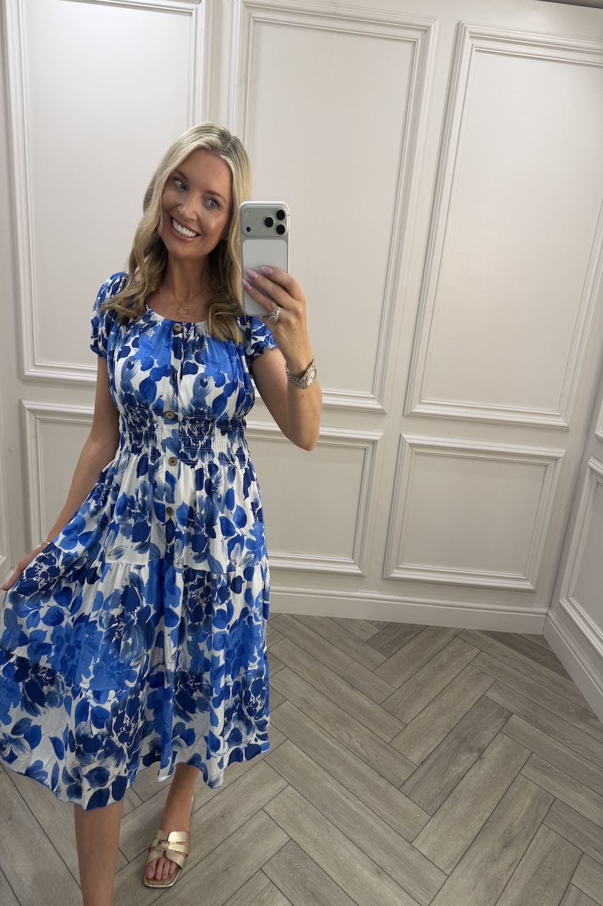 Blue Ava Floral Shirred Midi Dress