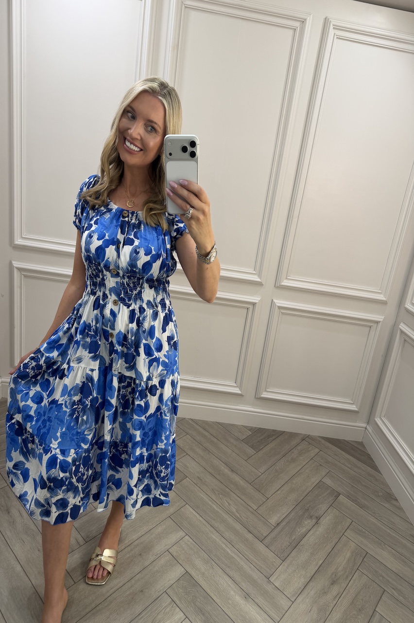Blue Ava Floral Shirred Midi Dress