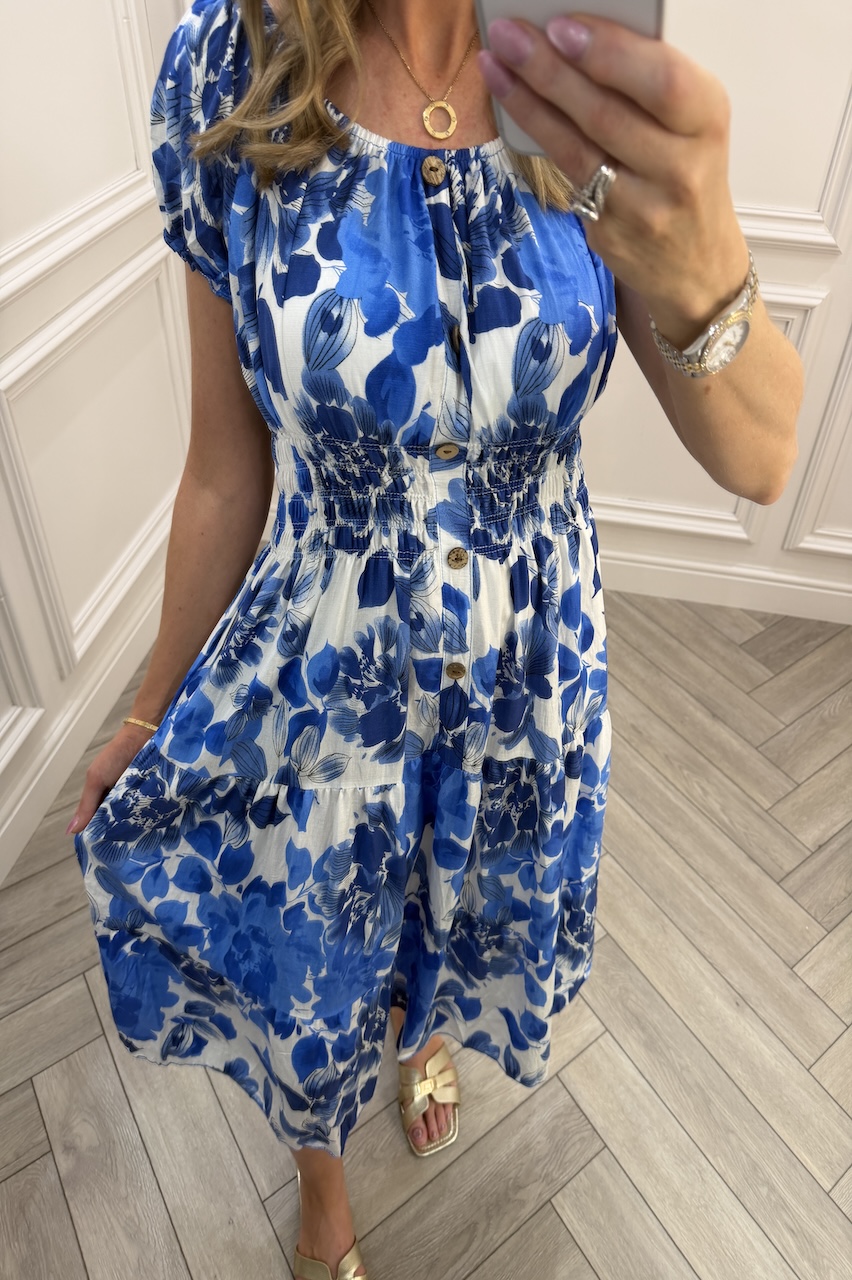Blue Ava Floral Shirred Midi Dress