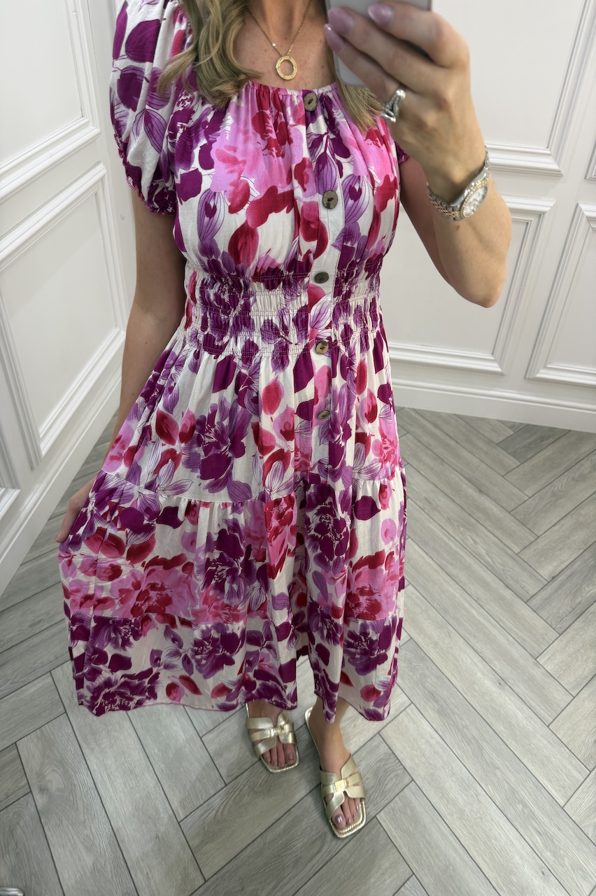 Pink Ava Floral Shirred Midi Dress