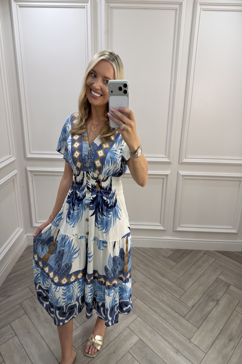 Blue Harper Shirred Midi Dress