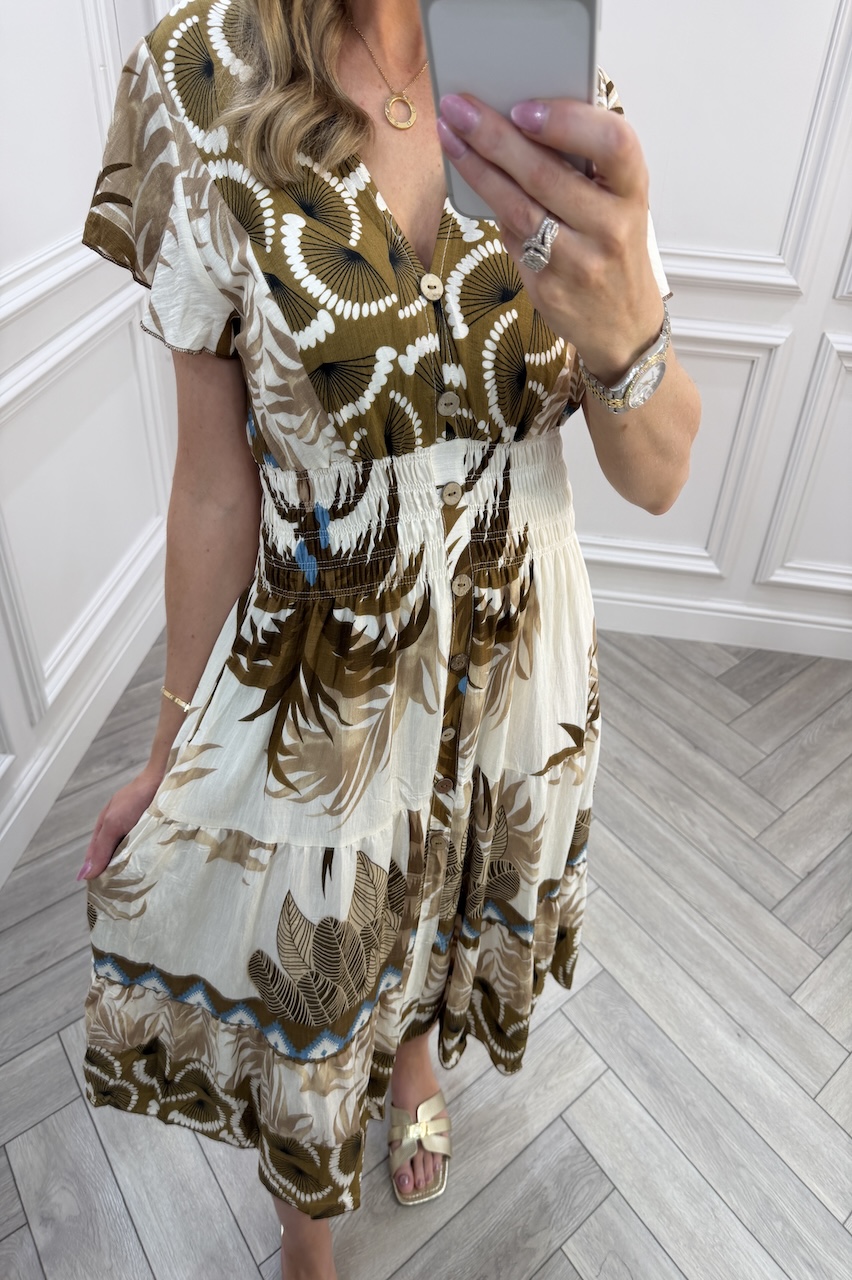 Brown Harper Shirred Midi Dress